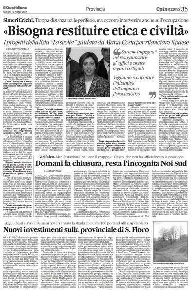 Il Quotidiano della Calabria del 12 maggio 2011